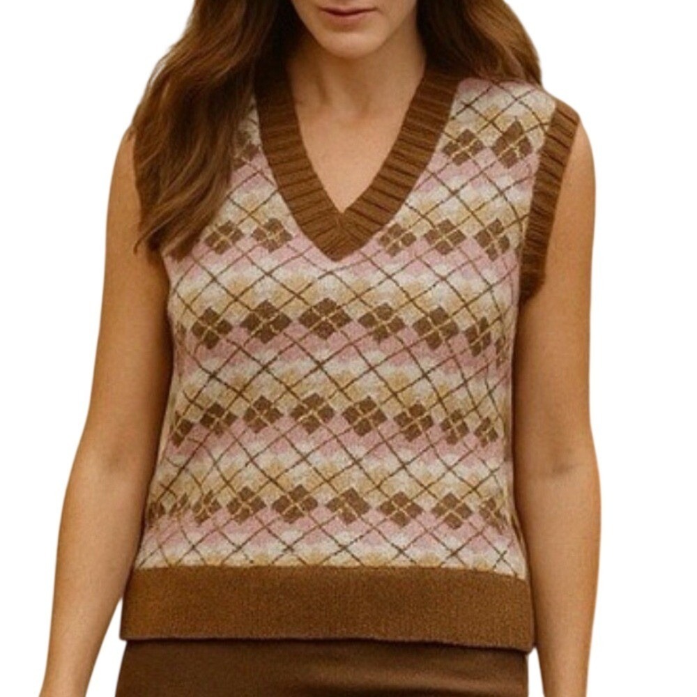 Wild Fable Brown/Pink V-Neck Argyle Sweater Vest